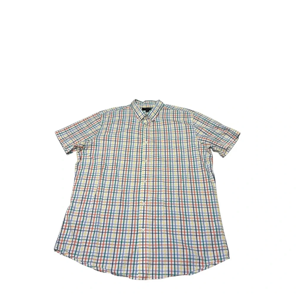 Banana Republic Mens XL Standard Fit Rainbow Plaid Seersucker Short Sleeve Shirt